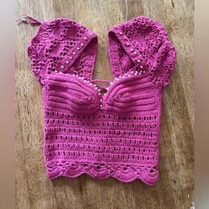 Pink Crochet Crop Top with Pearl Accents